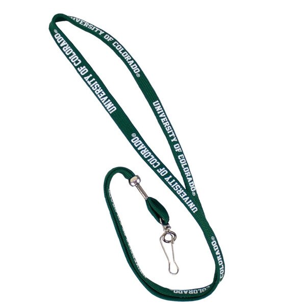 A dark green lanyard with repeating white University of Colorado lettering, with a latch for adding on keys, keychains, and I-D card holders.